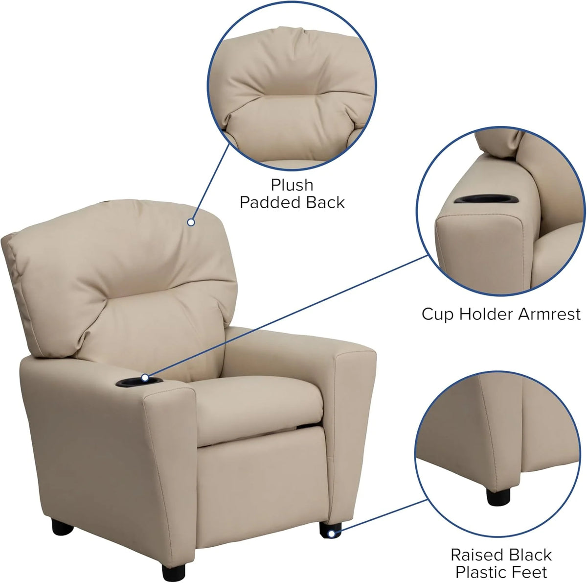 Poltrona Reclinável Infantil Contemporânea Flash Furniture com Porta-Copos, Madeira, Vinil Bege, 66,04 x 53,34 x 53,34 cm