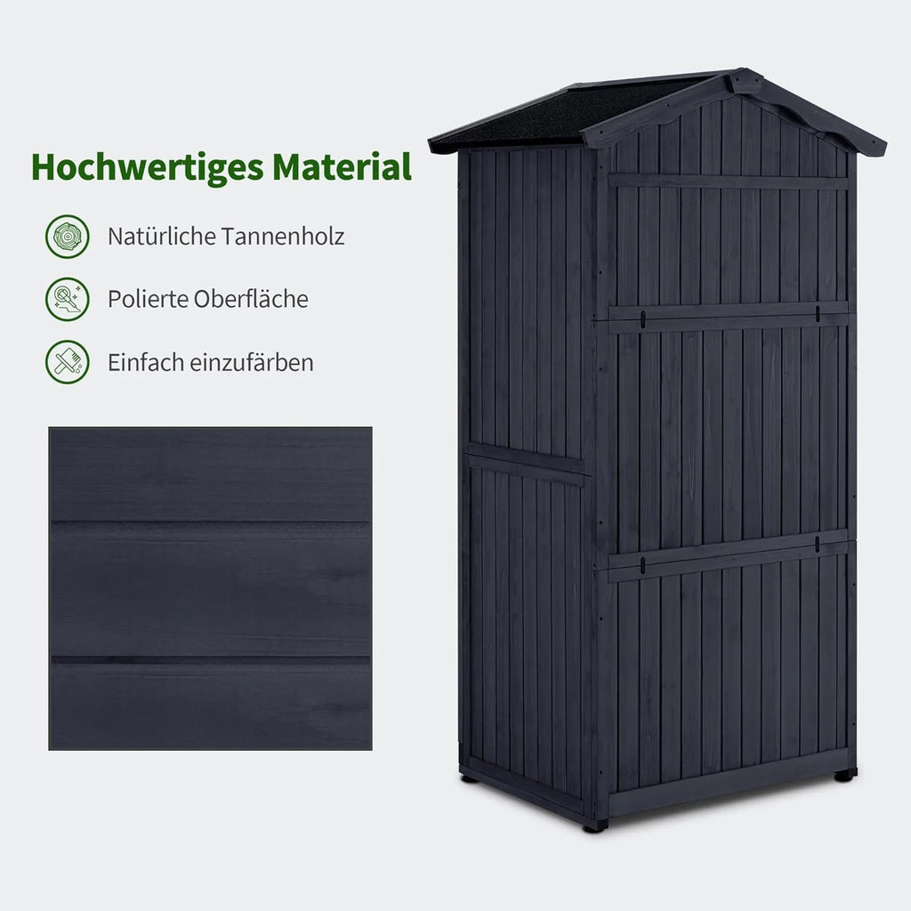 MCombo Armário de Jardim, Galpão de Madeira Resistente às Intempéries, Armário Exterior Impermeável com Chão, para Uso Externo em Varandas, 74×99×193 cm (Cinza Antracite)