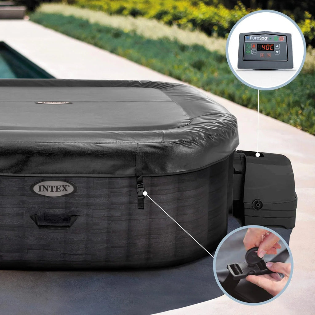 Intex Spa inflável quadrado Greystone Deluxe 4 pessoas, 175x175x71 cm, Aquecedor 2.200 W, Bolhas de ar quente, Clorador salino, Bomba filtrante com filtro S2 (1.741 l/h), Acessórios incluídos (55093)