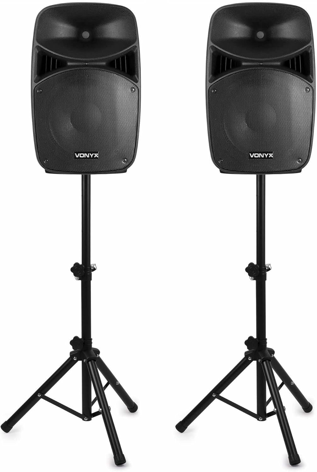 Caixas de Som Ativas Vonyx VPS152A Pacote com 2, 1000W, Portáteis, Ativas/Passivas com Bluetooth, 15 Polegadas, Microfone com Fio, Controle Remoto, Tripés, MP3 Player com USB/SD, LEDs