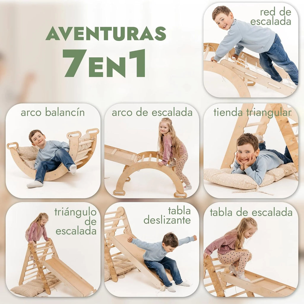 Conjunto de Escalada Montessori 5 em 1 para Crianças - Ginásio de Escalada de Madeira com Escada Triângulo, Arco, Rampa de Escalada, Rede e Almofada - Ginásio de Madeira para Crianças