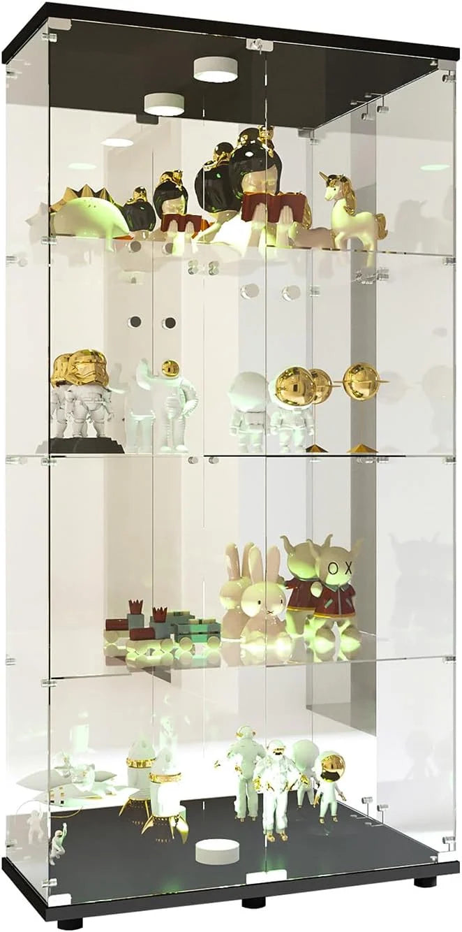 Vitrine de Vidro com Iluminação, Porta com Fechadura, 4 Prateleiras - Vitrine Grande para Coleções, Vitrine de Chão para Sala ou Escritório (Fundo Espelhado)