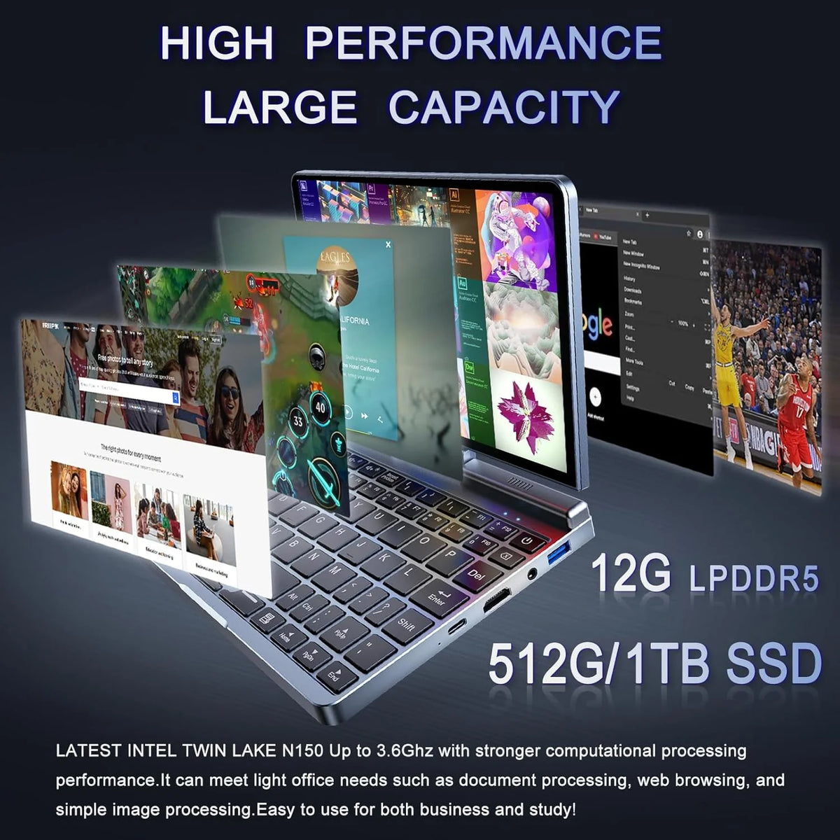 Mini Portátil 8" 2 em 1, Notebook Win 11, N150 (até 3.6 GHz), 12 GB RAM 1 TB SSD, Tela Sensível ao Toque HD, Teclado Retroiluminado, Wi-Fi 6, USB-C, PC Leve e Portátil para