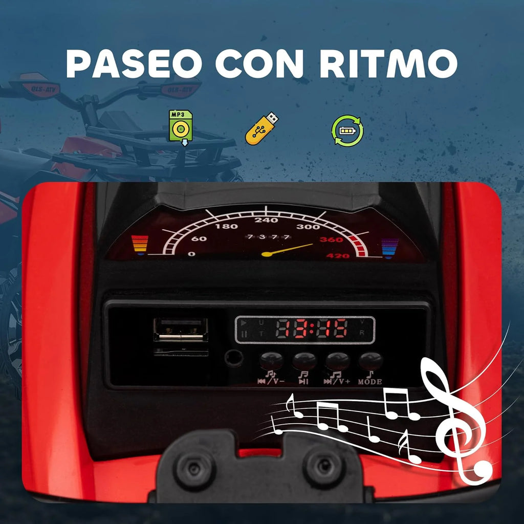 HOMCOM Quad Elétrico 12V para Crianças +3 Anos com 2 Motores Faróis Música Pneus de Suspensão Botões de Avanço e Retrocesso Veículo Elétrico a Bateria 100x65x73 cm Vermelho