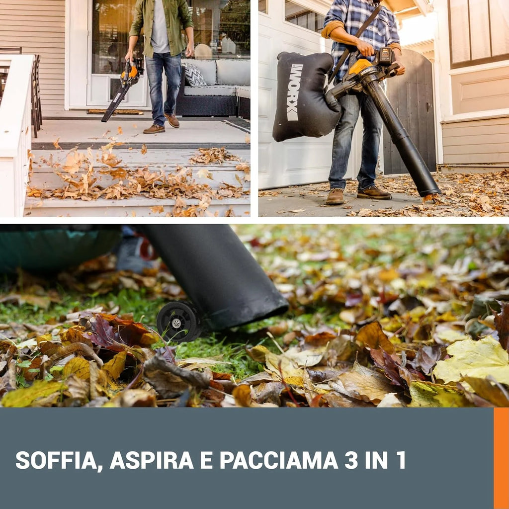 WORX Soprador e Aspirador de Folhas 40V Máx. 2x20V | WG583E | PowerShare | Inclui 2 Baterias e Carregador Duplo | 2 em 1 Sopra e Aspira – Saco de 35 L | Inclui Bocais | Leve