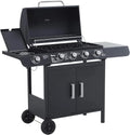Churrasqueira a Gás Outsunny com 4+1 Queimadores 14,4 KW Mesas Laterais Armário de Armazenamento Termômetro e 2 Rodas Churrasco de Aço Inoxidável 125 x 51 x 100 cm Preto