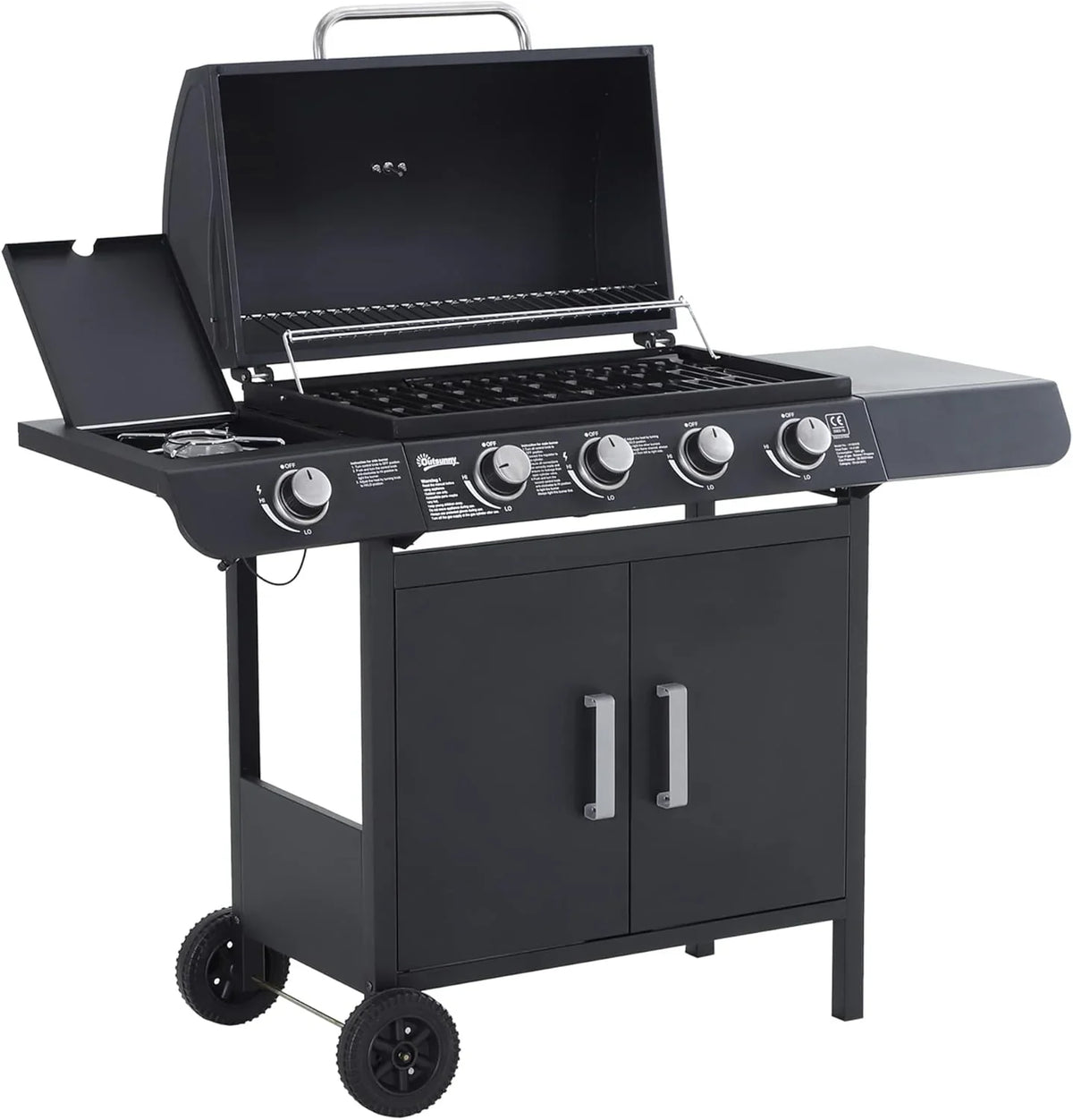 Churrasqueira a Gás Outsunny com 4+1 Queimadores 14,4 KW Mesas Laterais Armário de Armazenamento Termômetro e 2 Rodas Churrasco de Aço Inoxidável 125 x 51 x 100 cm Preto