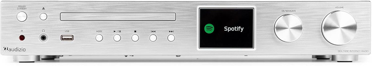 Audizio Bolzano - Rádio Internet DAB+ e FM WLAN Bluetooth, Leitor de CD, Spotify Connect, Despertador, 40.000 Estações, Controlo Remoto e por App, Conexão Toslink e Subwoofer, Prateado