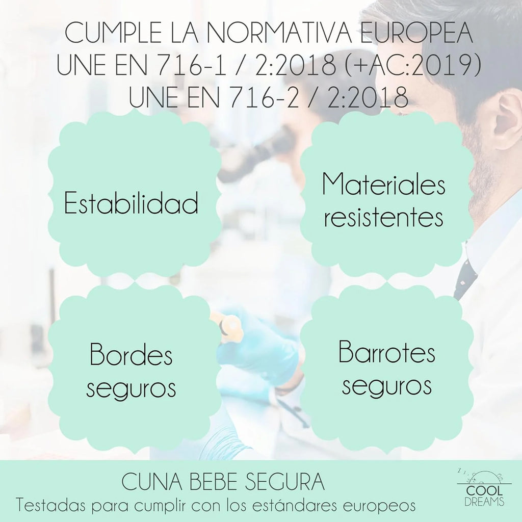 Cuna Co-Leito para Bebê, Kit para Unir a Cama com a Cama dos Pais, Colchão HR Morfeo Certificado Oeko-Tex® e CertiPUR, 4 Rodas, Lençol com Elástico e Lençol de Cima de Algodão Natural. Indi CoolDreams CoolDreams