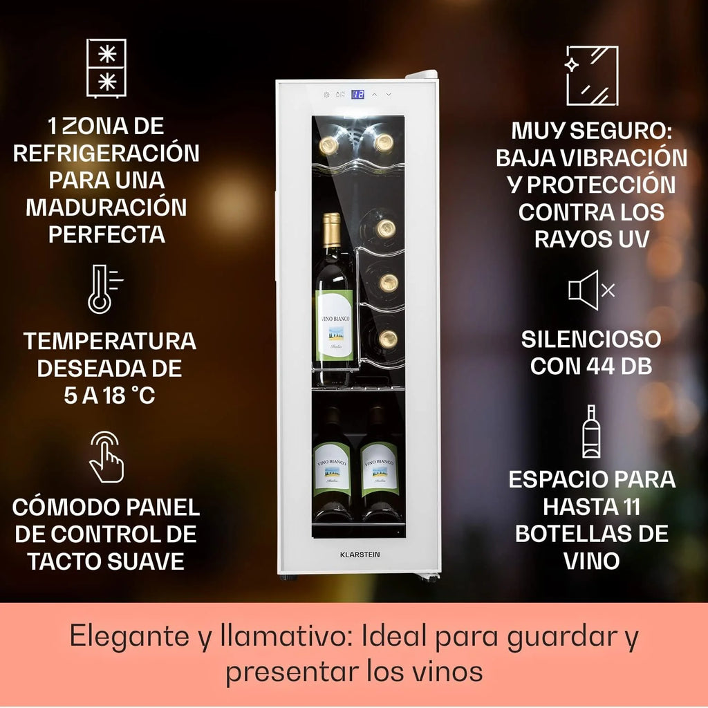 KLARSTEIN Vinoteca para Vinos de 32L Nevera Vino Uma Zona, Garrafas de Vinho, Prosecco e Cervejas, Vinoteca Pequena Porta de Vidro para Interior e Exterior, Frigorífico para Vinhos Capacidade 12 Garrafas