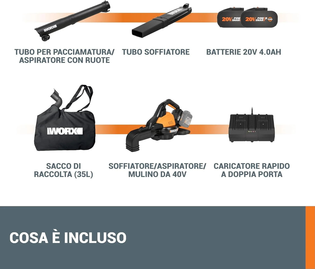 WORX Soprador e Aspirador de Folhas 40V Máx. 2x20V | WG583E | PowerShare | Inclui 2 Baterias e Carregador Duplo | 2 em 1 Sopra e Aspira – Saco de 35 L | Inclui Bocais | Leve