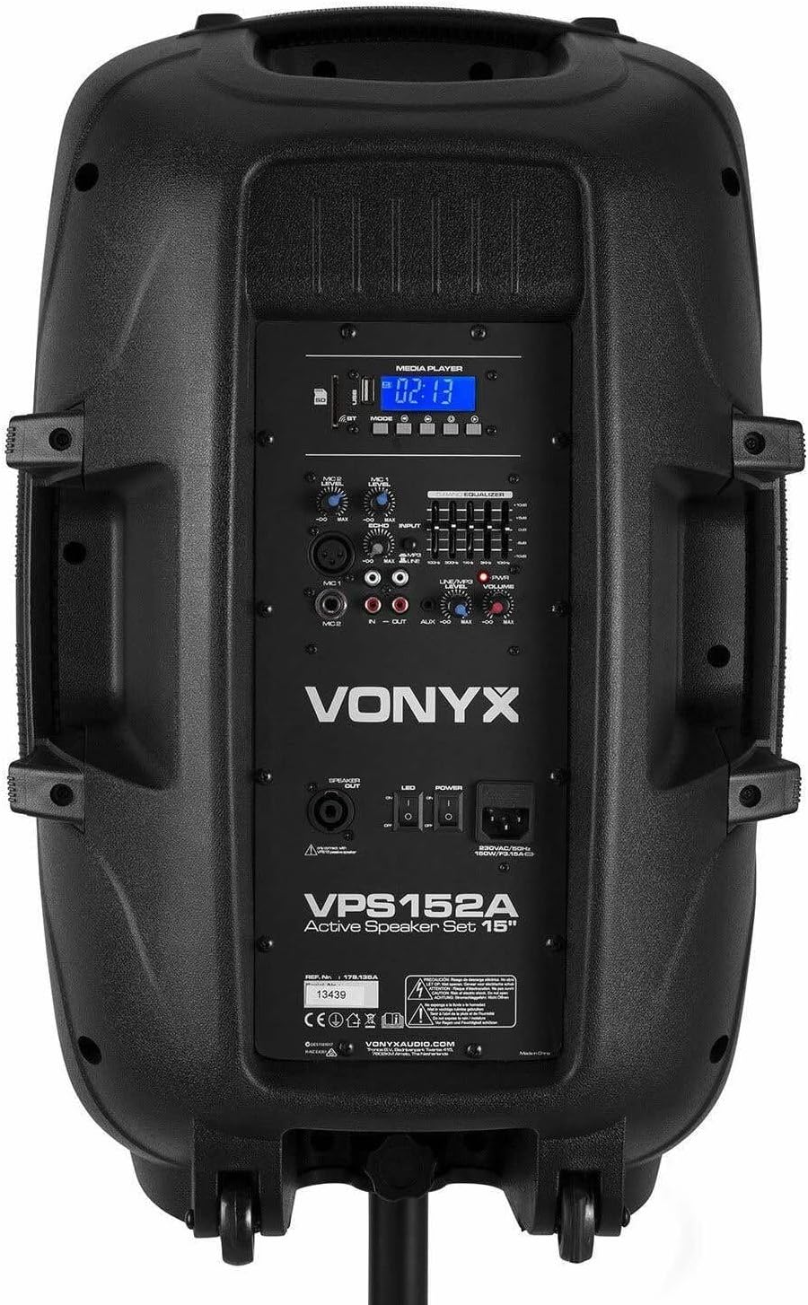 Caixas de Som Ativas Vonyx VPS152A Pacote com 2, 1000W, Portáteis, Ativas/Passivas com Bluetooth, 15 Polegadas, Microfone com Fio, Controle Remoto, Tripés, MP3 Player com USB/SD, LEDs