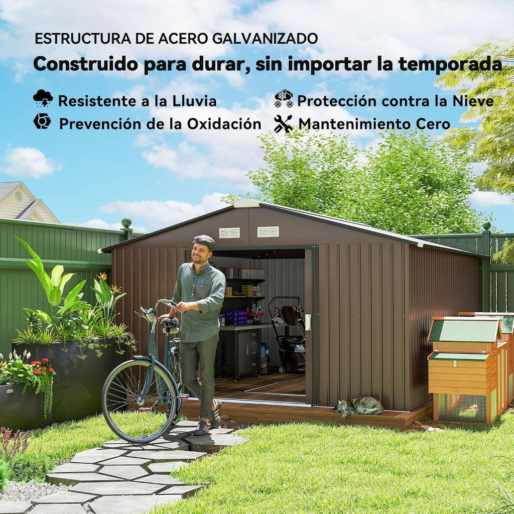Outsunny Abrigo de Jardim Exterior, 12,4 m² 340x386x200 cm, Abrigo de Jardim Exterior Metálico com Teto de Fibra de Vidro, Porta Deslizante, Base de Reforço (Chão NÃO Incluído) e Janelas Marrom