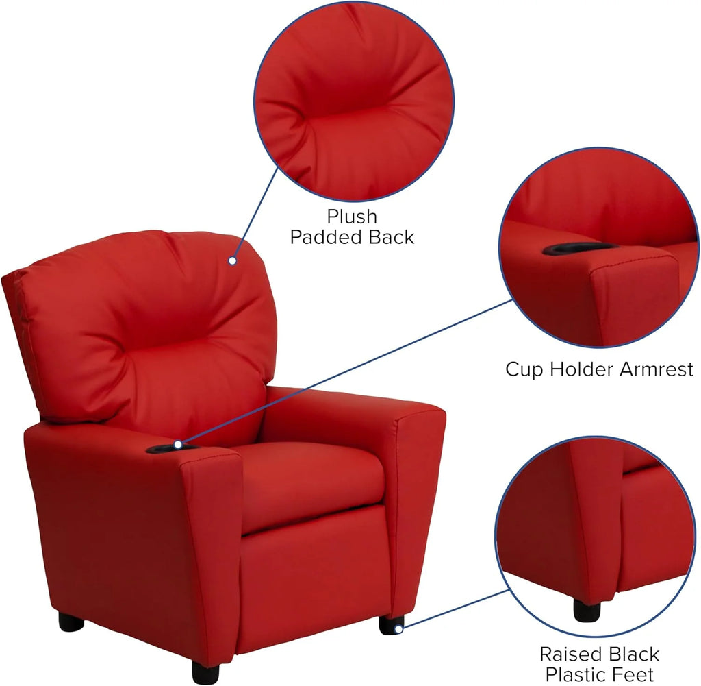 Poltrona Reclinável Infantil Contemporânea Flash Furniture com Porta-Copos, Madeira, Vinil Bege, 66,04 x 53,34 x 53,34 cm