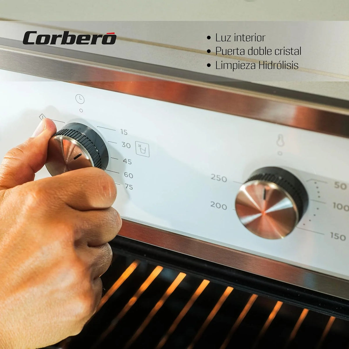 Corberó - Forno de Convecção 70L | CCHM603W | 60x60x58 cm | Convencional com 4 Programas | Luz Interior | Limpeza por Hidrólise | Porta de Vidro Duplo | 2100W | Branco com acabamento em Aço Inox