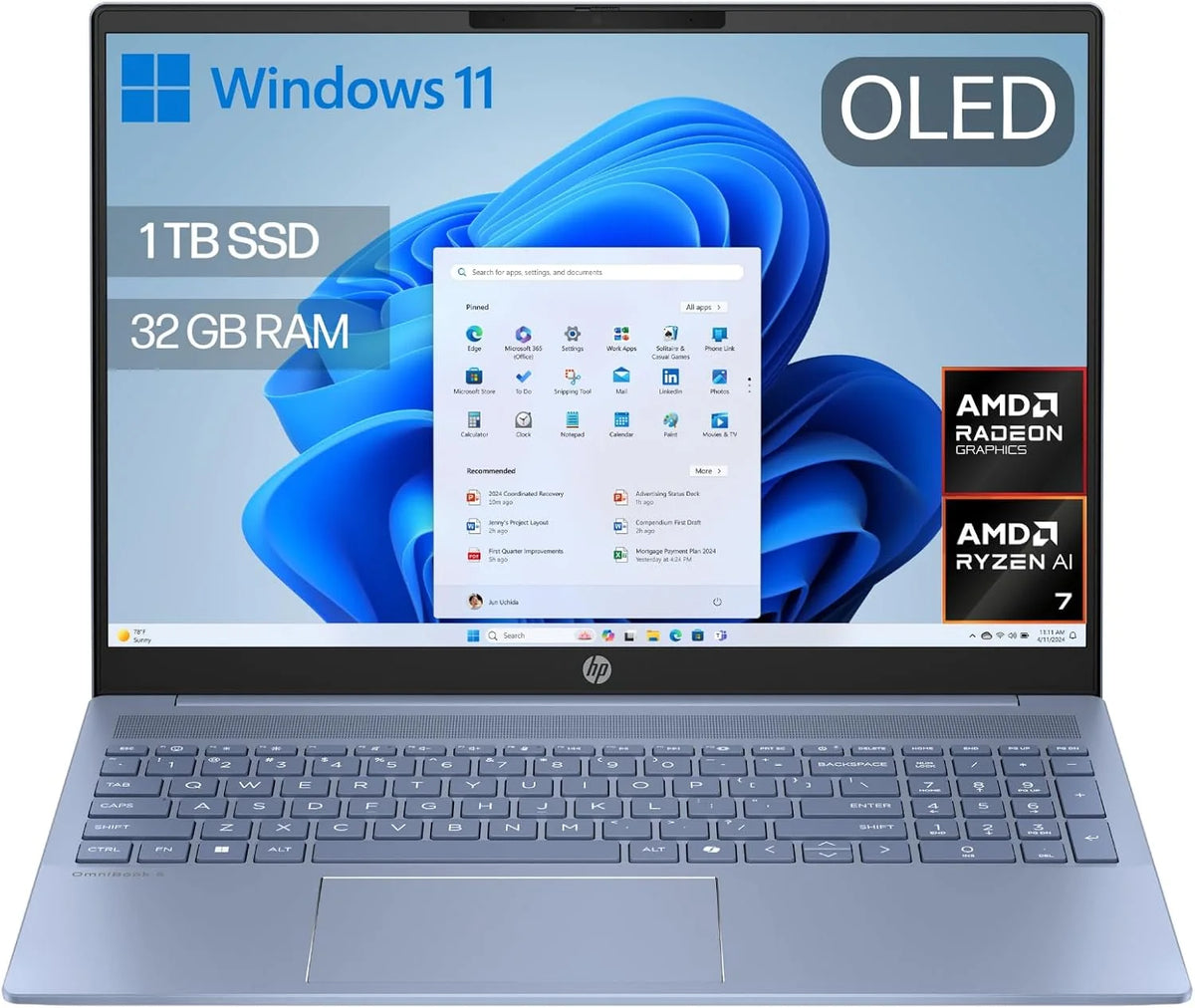 HP OmniBook 5 16″ OLED, Notebook (Processador AMD Ryzen AI 7 350, 32 GB RAM, 1 TB SSD, Placa Gráfica AMD Radeon 860M, Windows 11 Home) Azul - Teclado QWERTY Espanhol