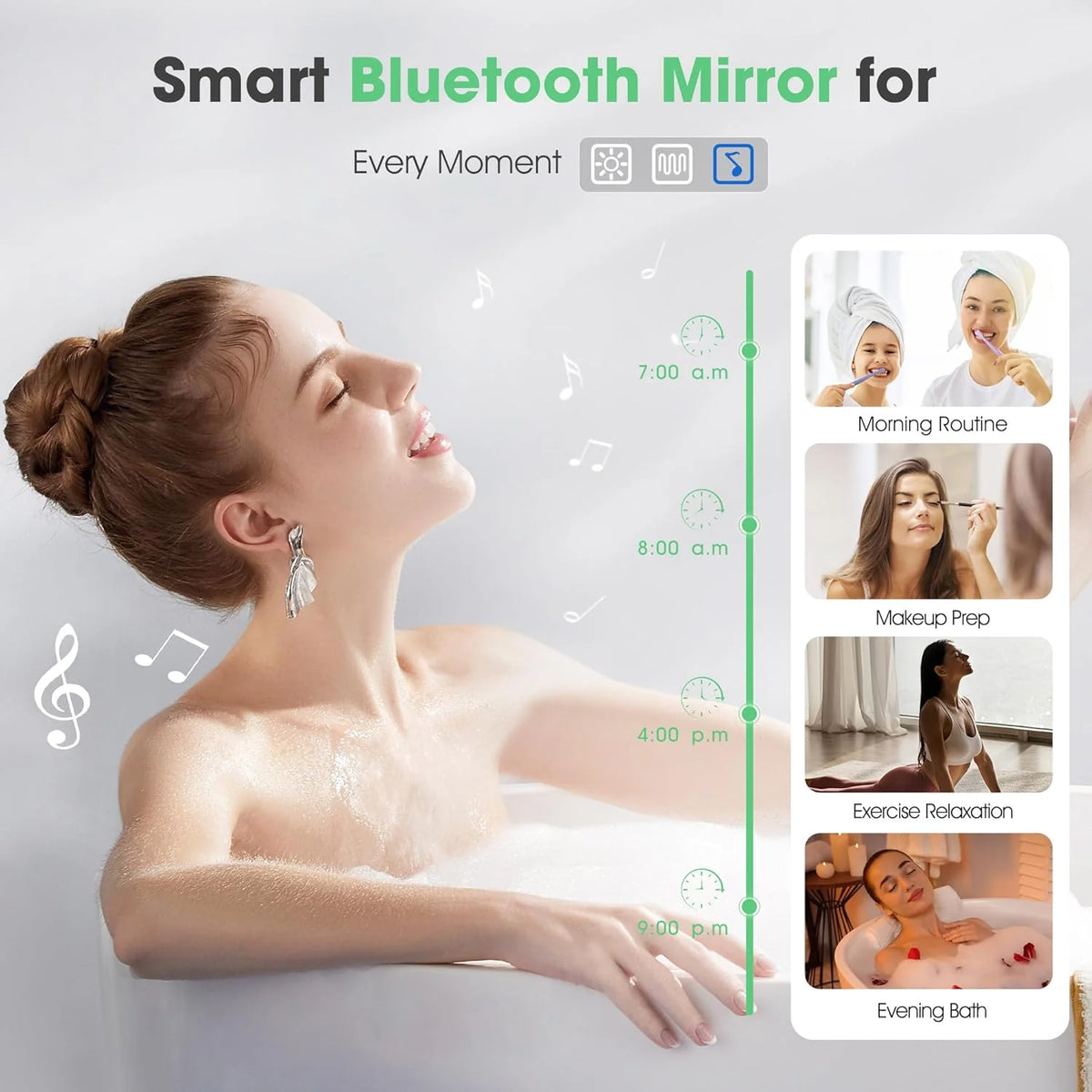 S'bagno Espelho de Banheiro com Luz 120x70cm, Espelho de Banheiro LED Bluetooth com Função Antiembaciamento, 3000K/4000K/6500K, Regulável, Memória, Vidro Temperado HD, IP44-Espelhos de Banheiro com LED, Horizontal/Vertical