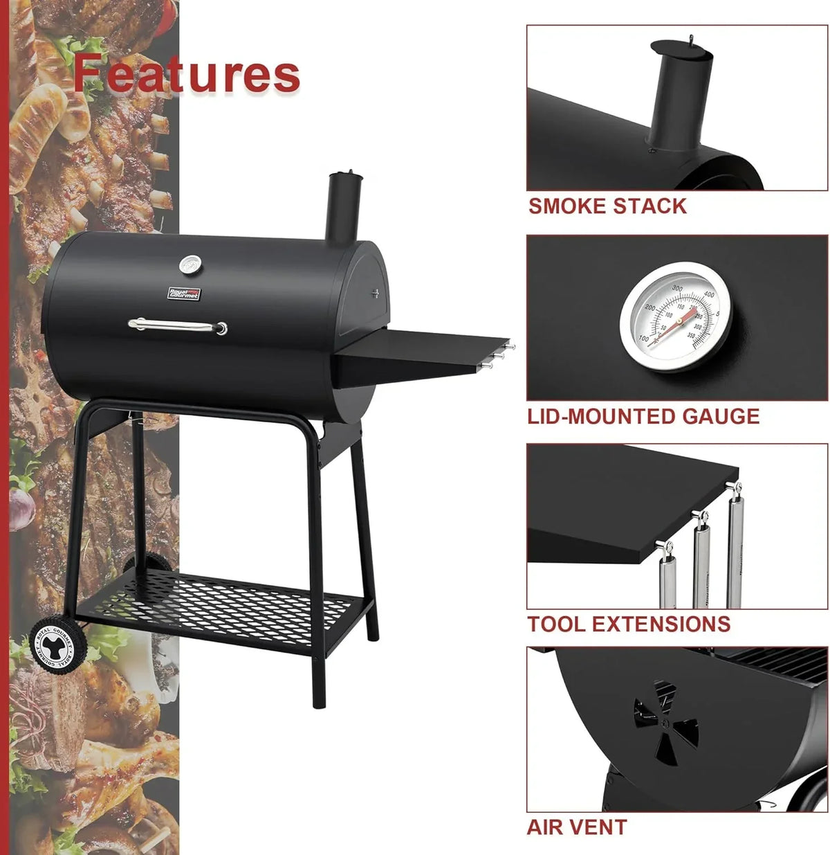 2026 Churrasqueira a carvão Royal Gourmet CC1830 de 30 polegadas com mesa lateral, churrasqueira externa com 627 polegadas quadradas de espaço para cozinhar para jardim, pátio e festas, cor preta