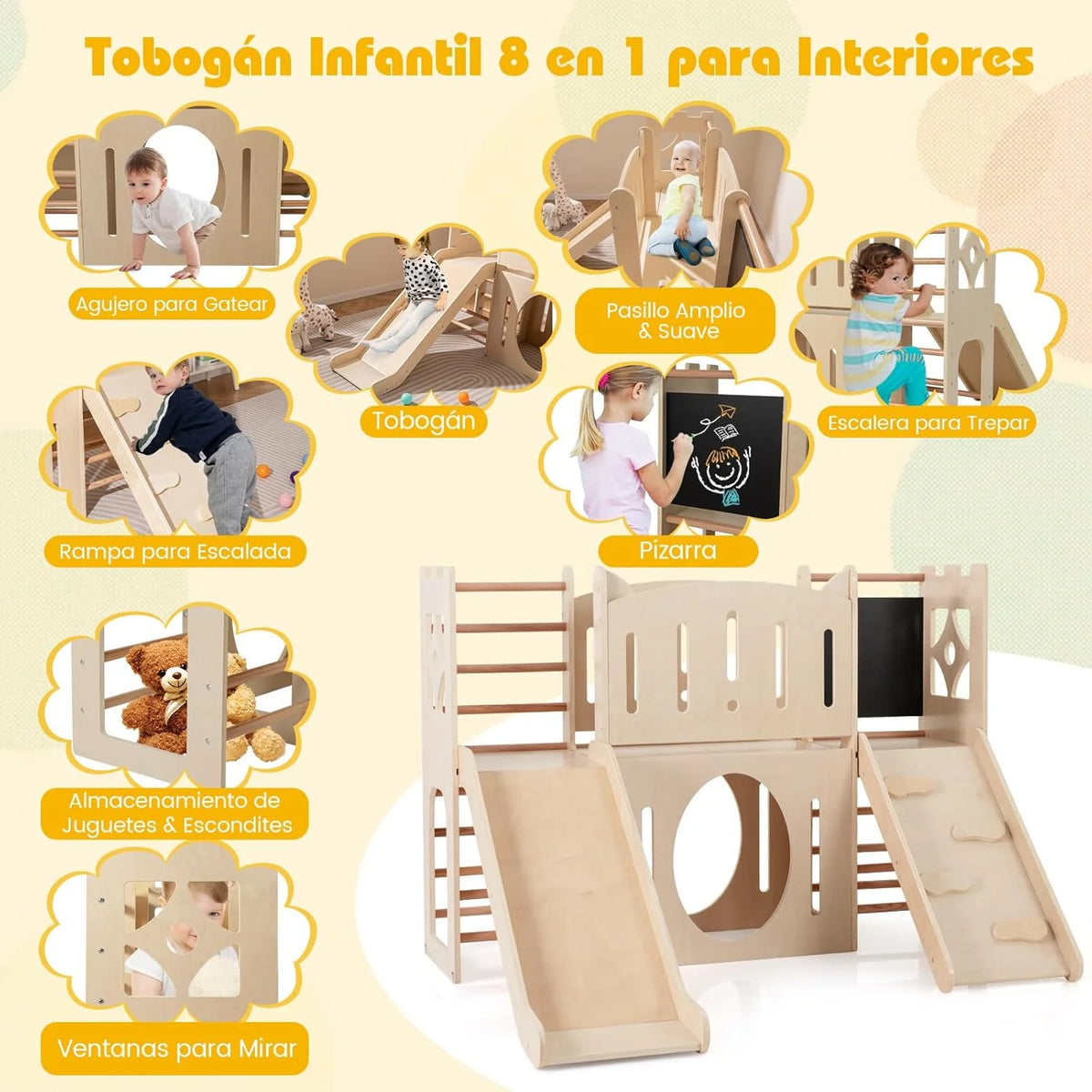 Parque Infantil Interno de Madeira Costway 8 em 1, Tema de Castelo, Escorregador, Escalador, Escadas, Armazenamento, Quadro-Negro, Túnel, Brinquedo Montessori para Crianças a Partir de 3 Anos