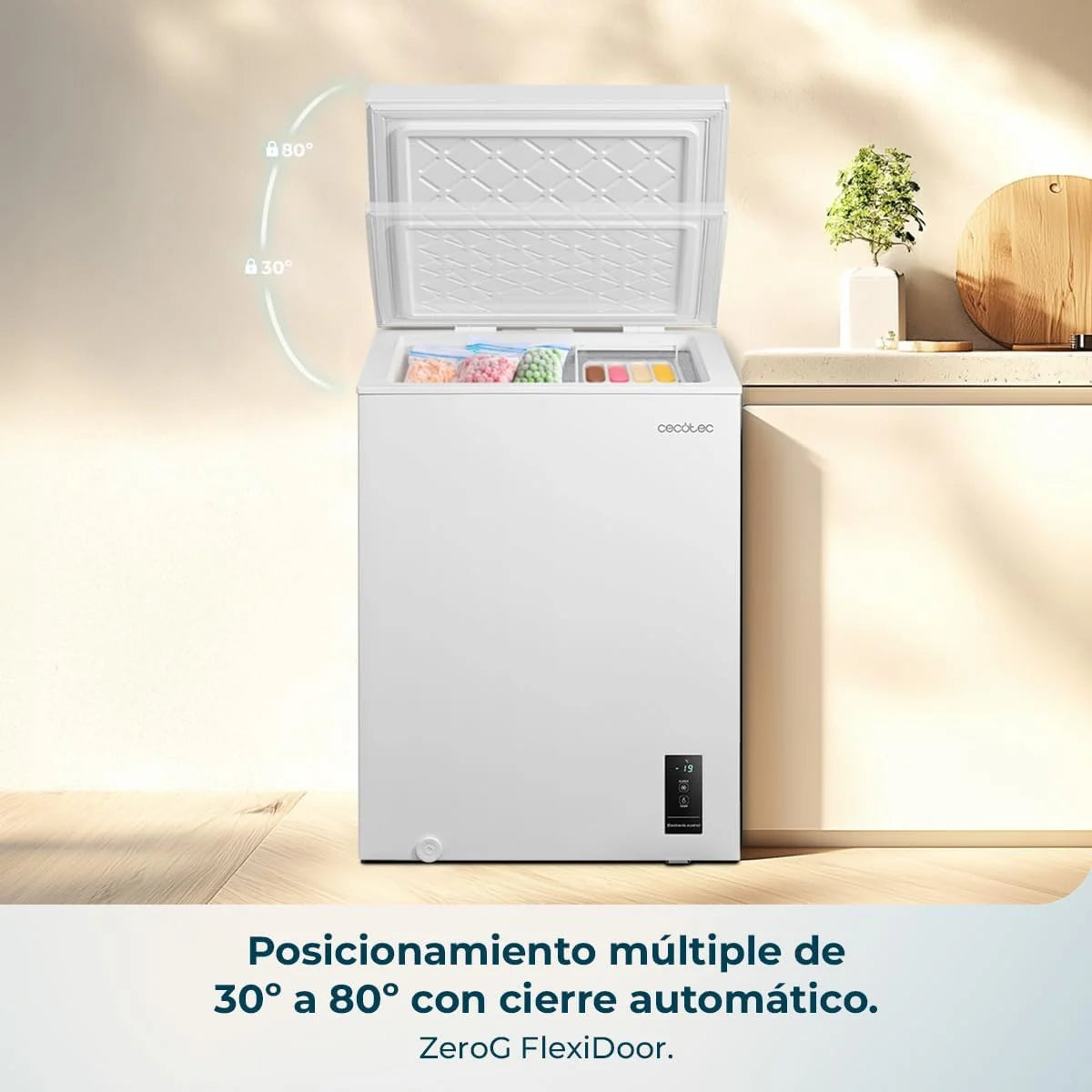Cecotec Congelador Horizontal 143L Bolero CoolMarket Chest 143P Branco E. Cesto com Alças, Controlo Eletrónico LED, UltraContact D-Cool, Função Dupla, Porta ZeroG (80º-30º), Congelação Rápida, Compacto