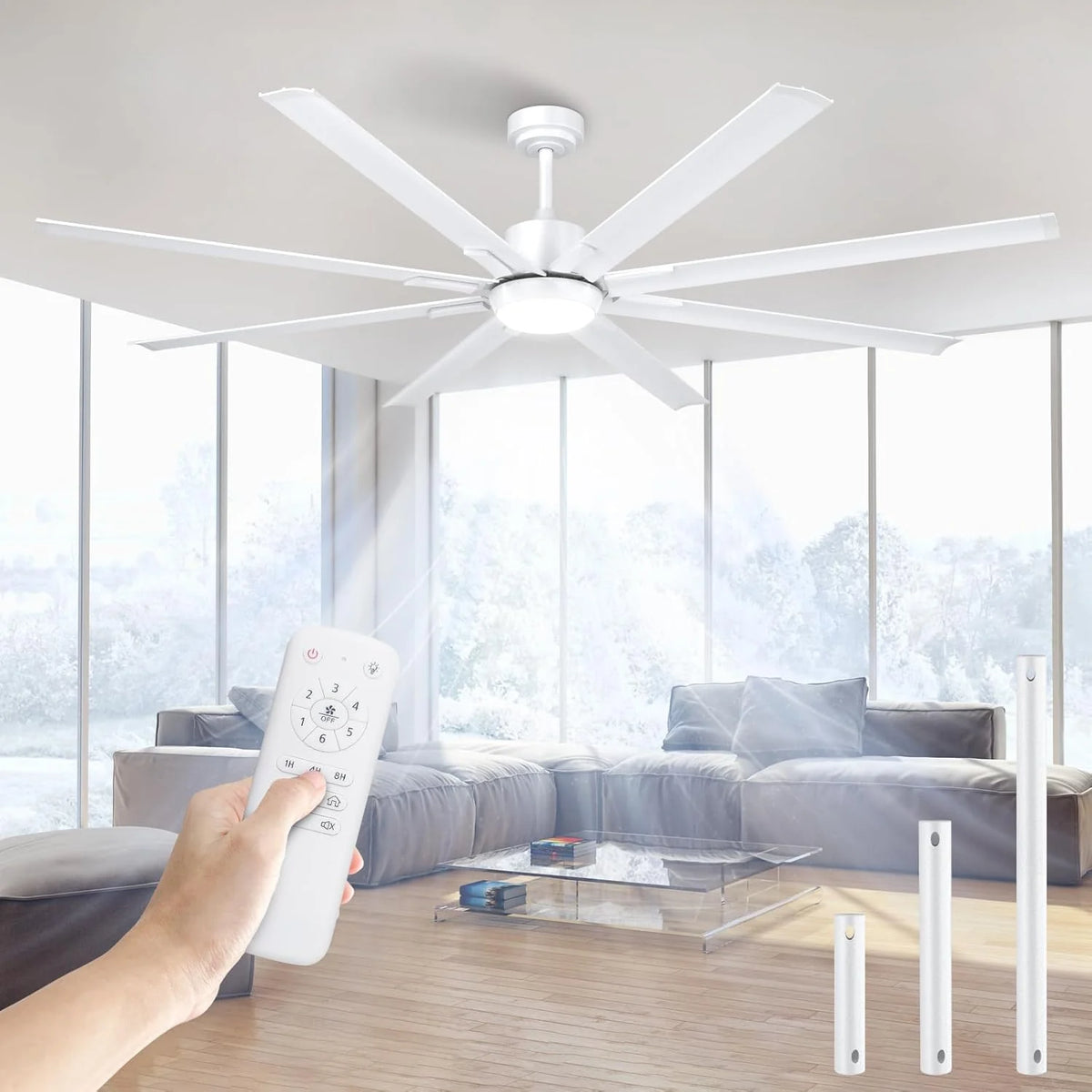 Ventilador de Teto Extra Grande de 183cm com 8 Pás de Alumínio, Luz e Controle Remoto, Luminária de Teto Silenciosa com Motor DC Reversível para Varanda Externa, Quarto Grande