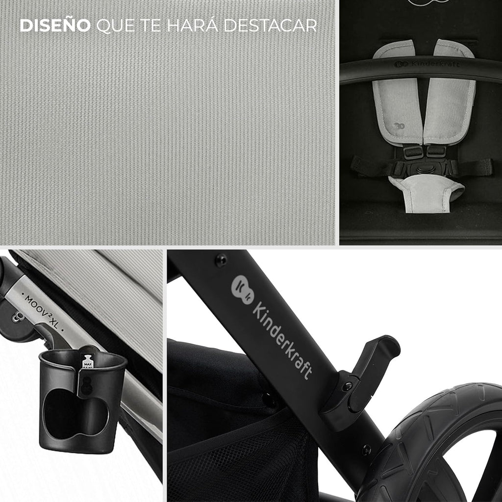 Kinderkraft MOOV XL 3 em 1, Carrinho de Bebê até 27 kg, com Cadeira Auto I-SIZE 40-75 cm, Dobrável, Amortecido, Conversível, Alcofa XL, Com acessórios, Cinza Claro