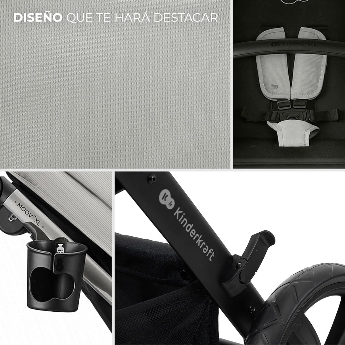 Kinderkraft MOOV XL 3 em 1, Carrinho de Bebê até 27 kg, com Cadeira Auto I-SIZE 40-75 cm, Dobrável, Amortecido, Conversível, Alcofa XL, Com acessórios, Cinza Claro