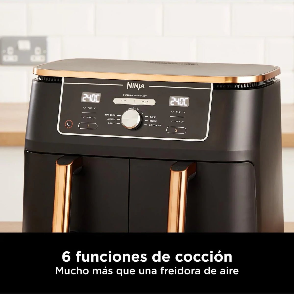 Fritadeira Ninja Foodi MAX de Compartimento Duplo, 9.6L, 6 em 1, Sem Óleo, Max Crisp, Assar, Grelhar e Mais, Pinças, 8 Porções, Cestos Antiaderentes, Cobre e Preto, AF400EUCP