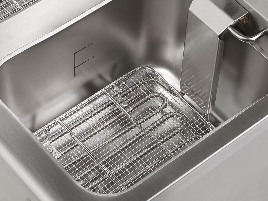 METRO Professional Fritadeira Dupla GDF5028, Aço Inox SS304, 2x 8 L, com Torneira, Regulador de Temperatura, Zona Fria, Prateado