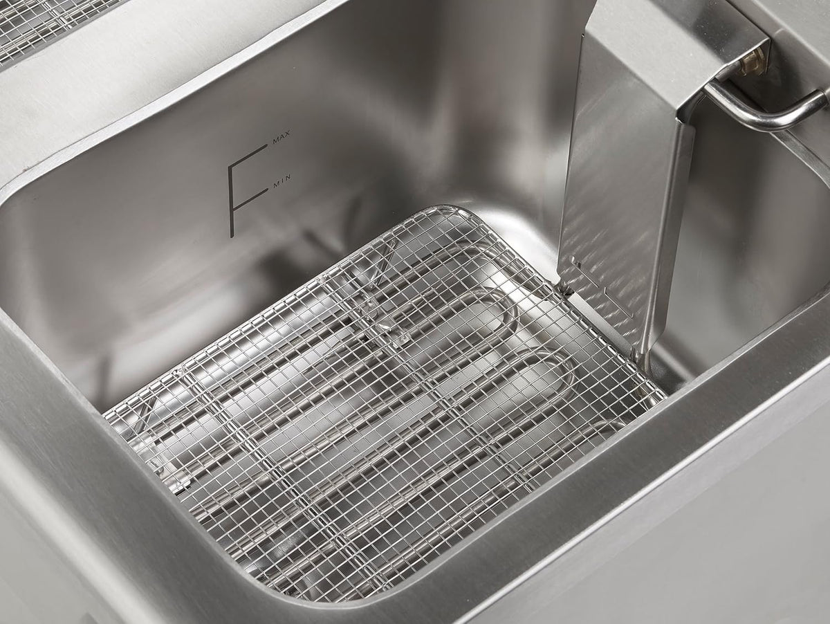 METRO Professional Fritadeira Dupla GDF5028, Aço Inox SS304, 2x 8 L, com Torneira, Regulador de Temperatura, Zona Fria, Prateado
