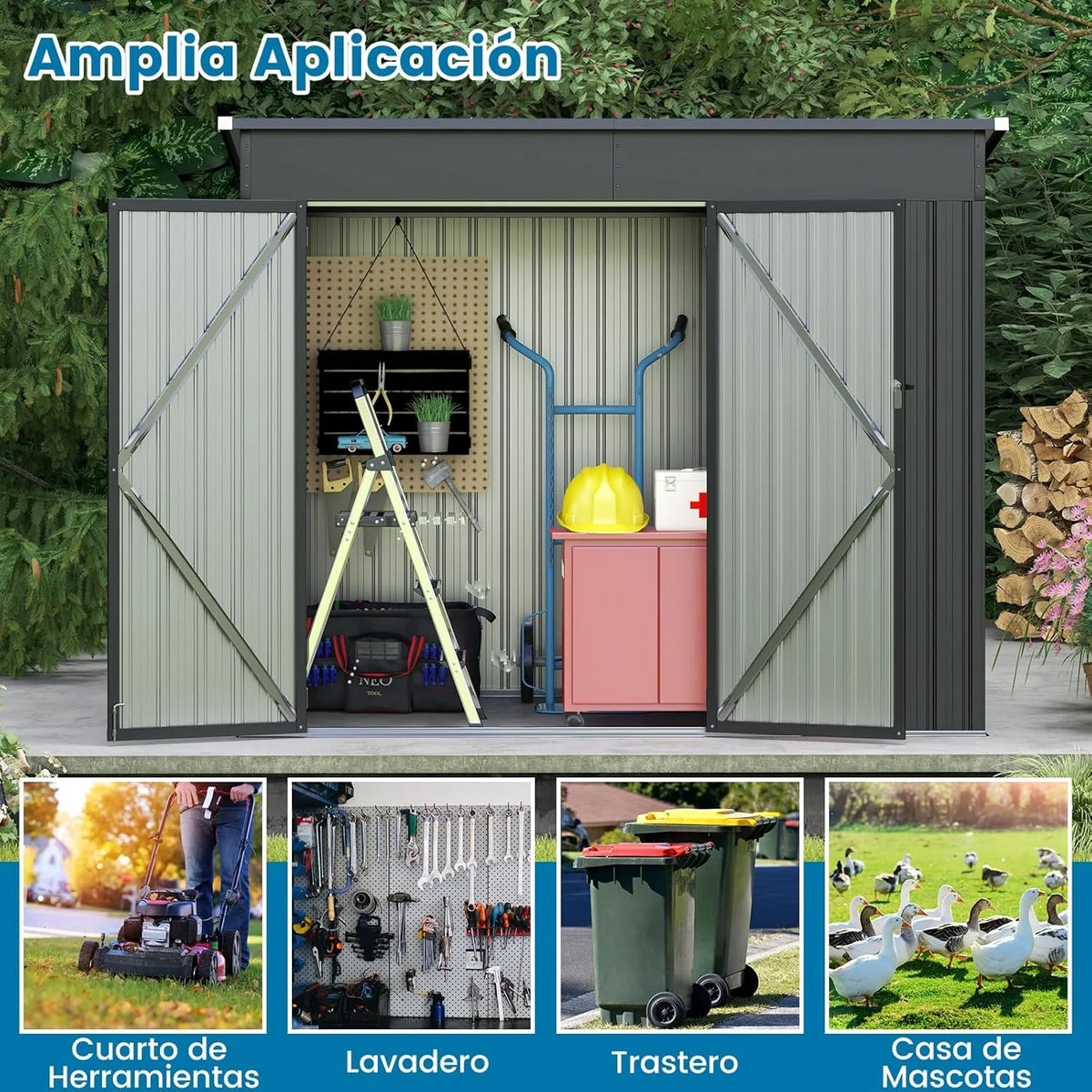 COSTWAY Abrigo de Jardim Exterior, 235 x 117 x 185 cm, Abrigo de Jardim Exterior com 2 Portas, Telhado Inclinado, Abrigo Organizador de Metal Galvanizado, Organizador de Ferramentas para Jardim e Pátio
