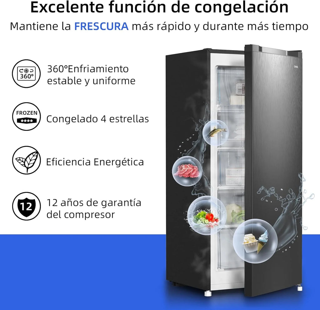 Freezer vertical CHiQ, 145L de capacidade, congelamento rápido, termostato ajustável, silencioso, porta reversível, preto, classificação energética E