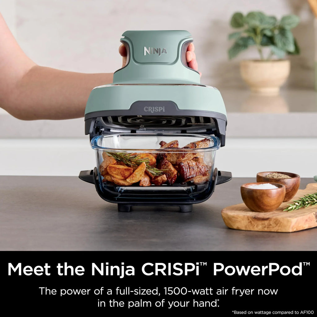 Fritadeira de Ar Quente Ninja Crispi 2026, Compatível com Micro-ondas, Freezer e Lava-louças, Sistema Portátil de Culinária em Vidro Não Tóxico, Recipiente de Vidro de 1,5 L com 6 Copos e Tampas
