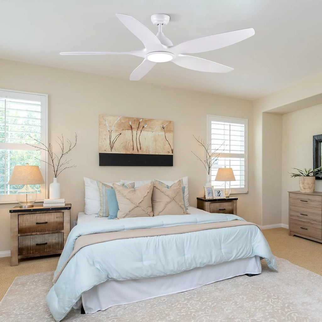 Newday 153cm Grande Ventilador de Teto Branco com Luz e Controle Remoto, LED Dimmer, Motor DC Reversível para Uso no Verão e Inverno, 5 Pás Silencioso para Quarto Sala de Estar e Varanda