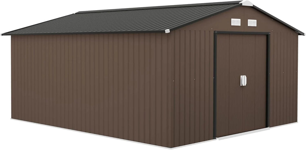 Outsunny Abrigo de Jardim Exterior, 12,4 m² 340x386x200 cm, Abrigo de Jardim Exterior Metálico com Teto de Fibra de Vidro, Porta Deslizante, Base de Reforço (Chão NÃO Incluído) e Janelas Marrom