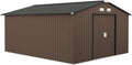 Outsunny Abrigo de Jardim Exterior, 12,4 m² 340x386x200 cm, Abrigo de Jardim Exterior Metálico com Teto de Fibra de Vidro, Porta Deslizante, Base de Reforço (Chão NÃO Incluído) e Janelas Marrom