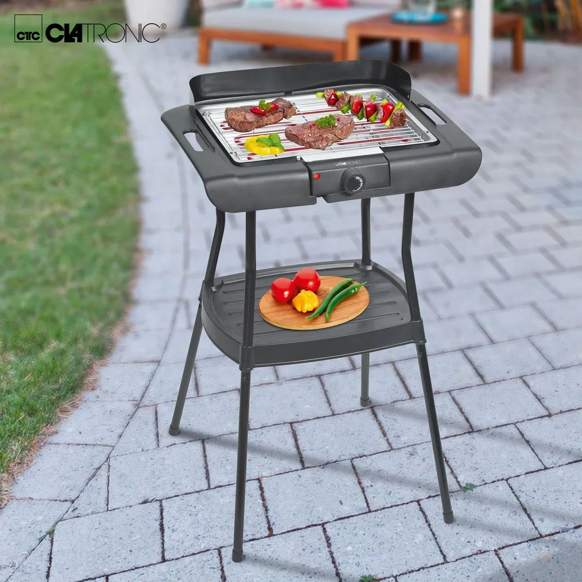 Churrasqueira Elétrica Com Pés, Grelha Cromada, Ajuste de Temperatura, Uso Interno/Externo Preto/Prata 2000W Clatronic BQS 3508