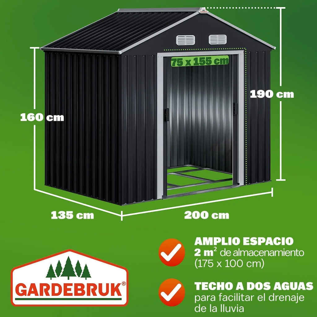 GARDEBRUK® Galpão de Jardim 2 m² 196x132x188cm Armazenamento de Metal Exterior 4m³ com Base Porta Deslizante Antracite