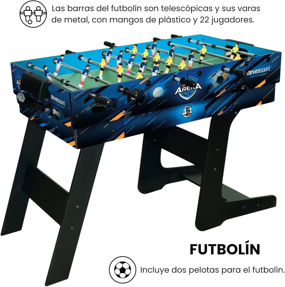 DEVESSPORT Multijogo Dobrável 4 em 1 Sport Arena | Pebolim, Bilhar, Air Hockey e Tênis de Mesa | Mesa de Jogos Dobrável com Acessórios Inclusos
