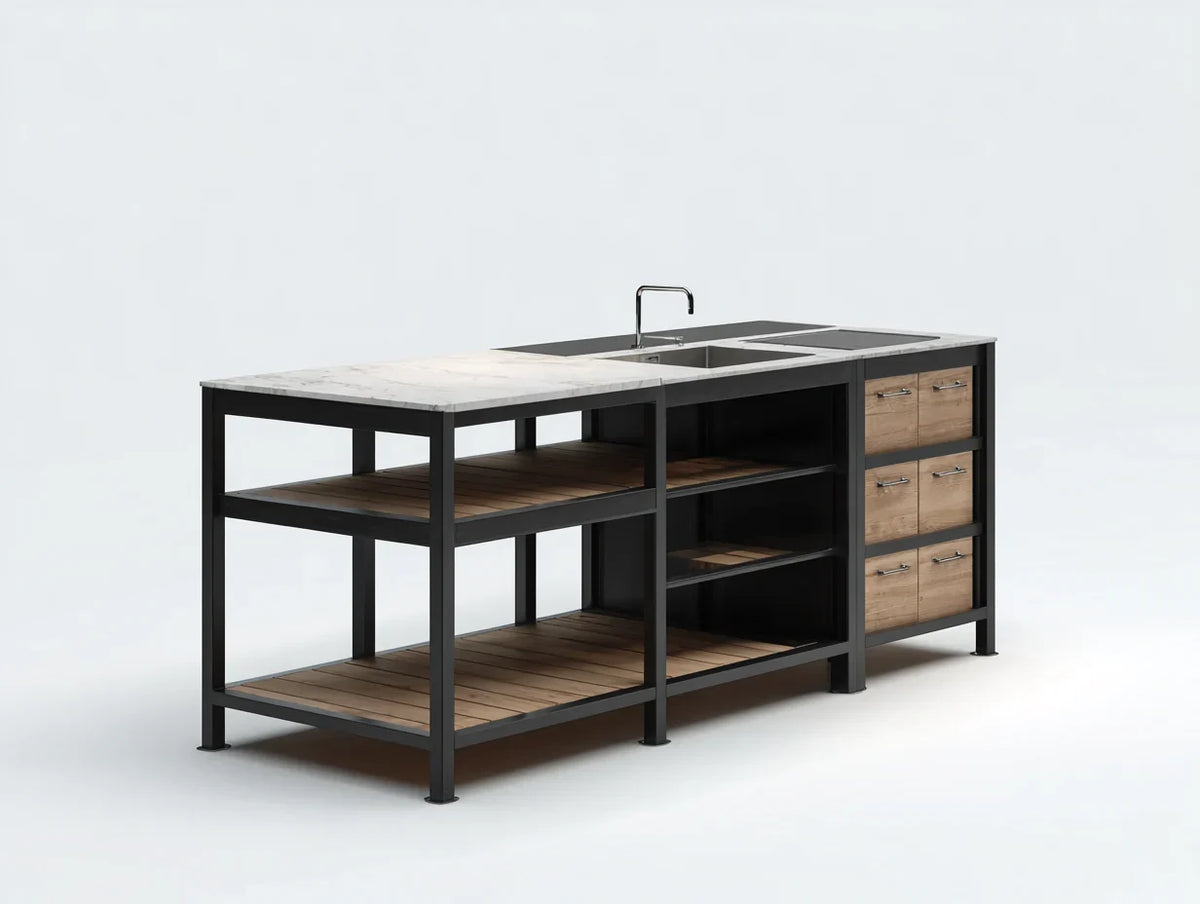 Ilhas de cozinha com pia bancada efeito pedra 180x75x92 cm - preto e madeira - estilo industrial funcional
