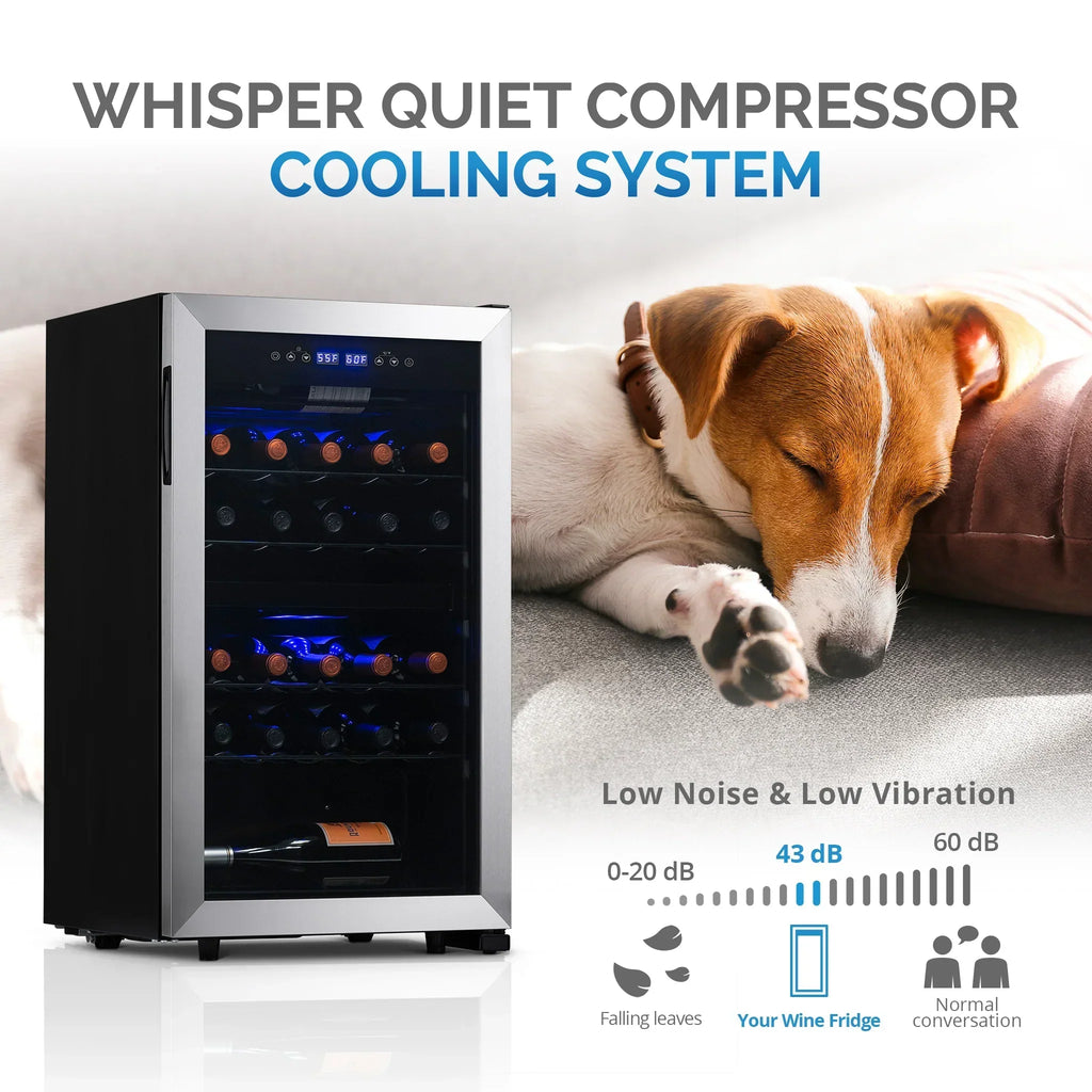 2026 Refrigerador de Vinhos Independente Newair® – 28 Garrafas (48 cm), Zona Dupla, Aço Inoxidável