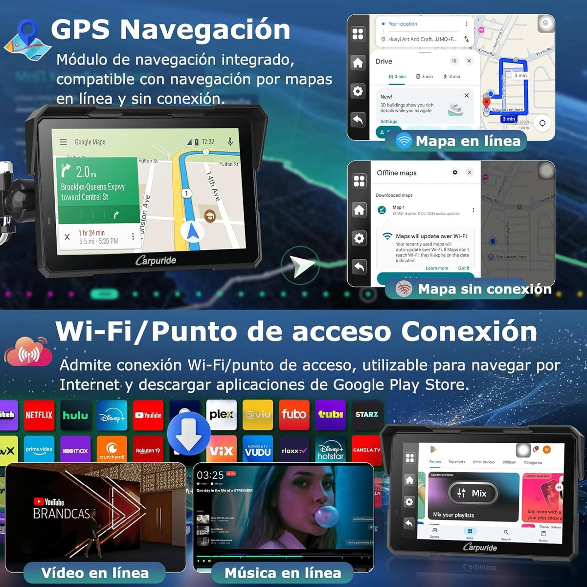 Carpuride W702 Plus Android 14 Motocicleta Carplay Tela com Câmera Dupla, CarPlay e Android Auto Sem Fio, Tela Sensível ao Toque à Prova d'Água de 7", Áudio BT, Gravação em Loop, Navegação Online e Offline.