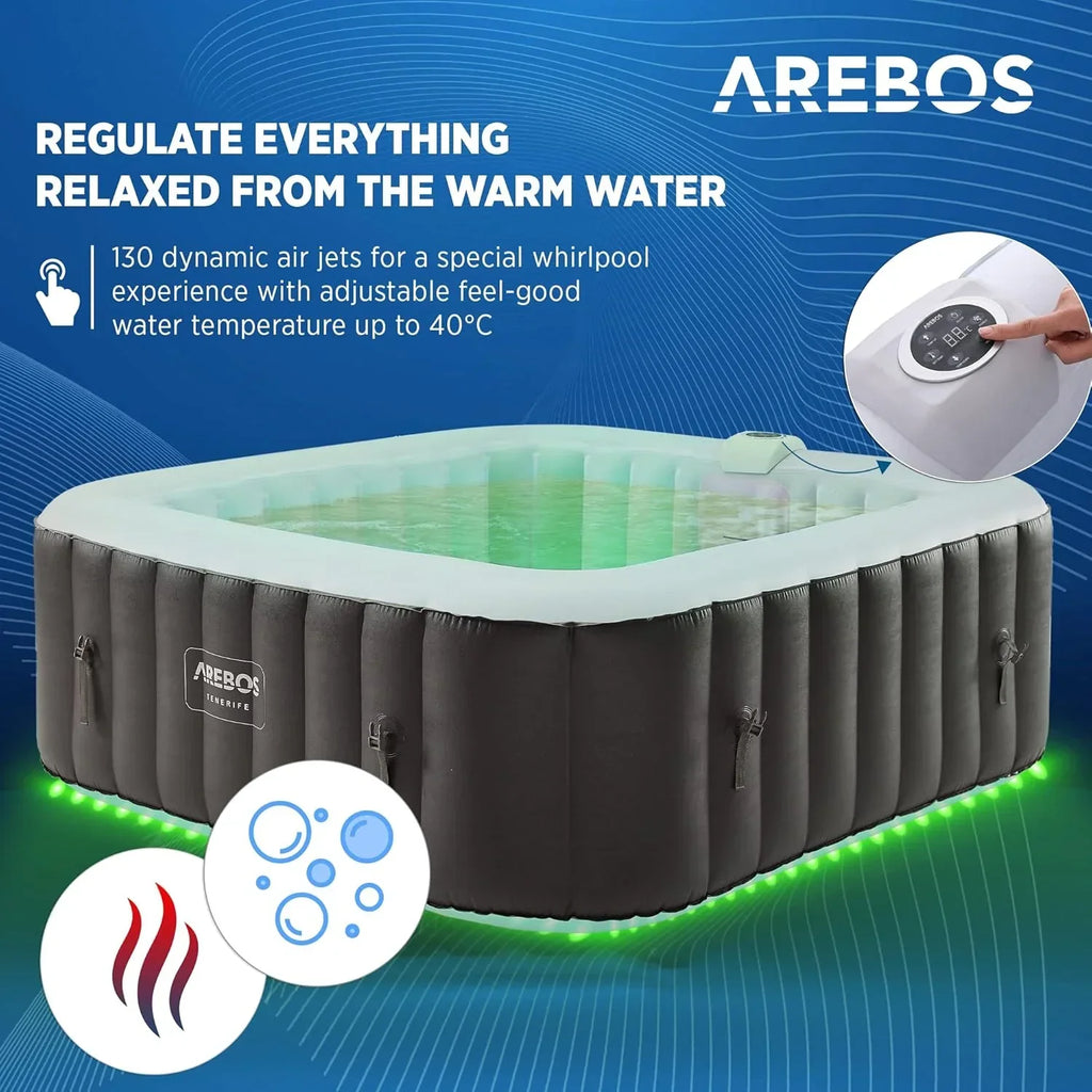 Arebos Whirlpool Inflável | Banheira de Hidromassagem | 185 x 185 cm | para 6 Pessoas | Faixa de LED Luminosa | 130 Jatos de Massagem | 910 Litros | Inclui Cobertura | Massagem Borbulhante e Bem-Estar