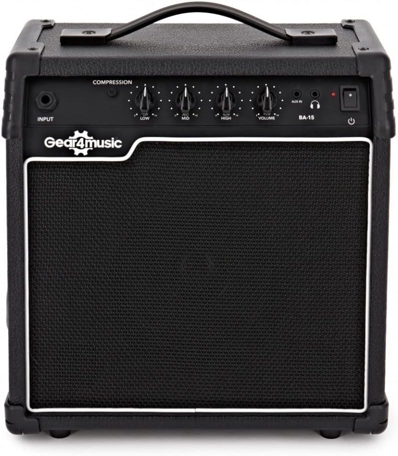 Baixo Elétrico de 4 Cordas Gear4music Chicago com Amplificador de 15 W, Preto