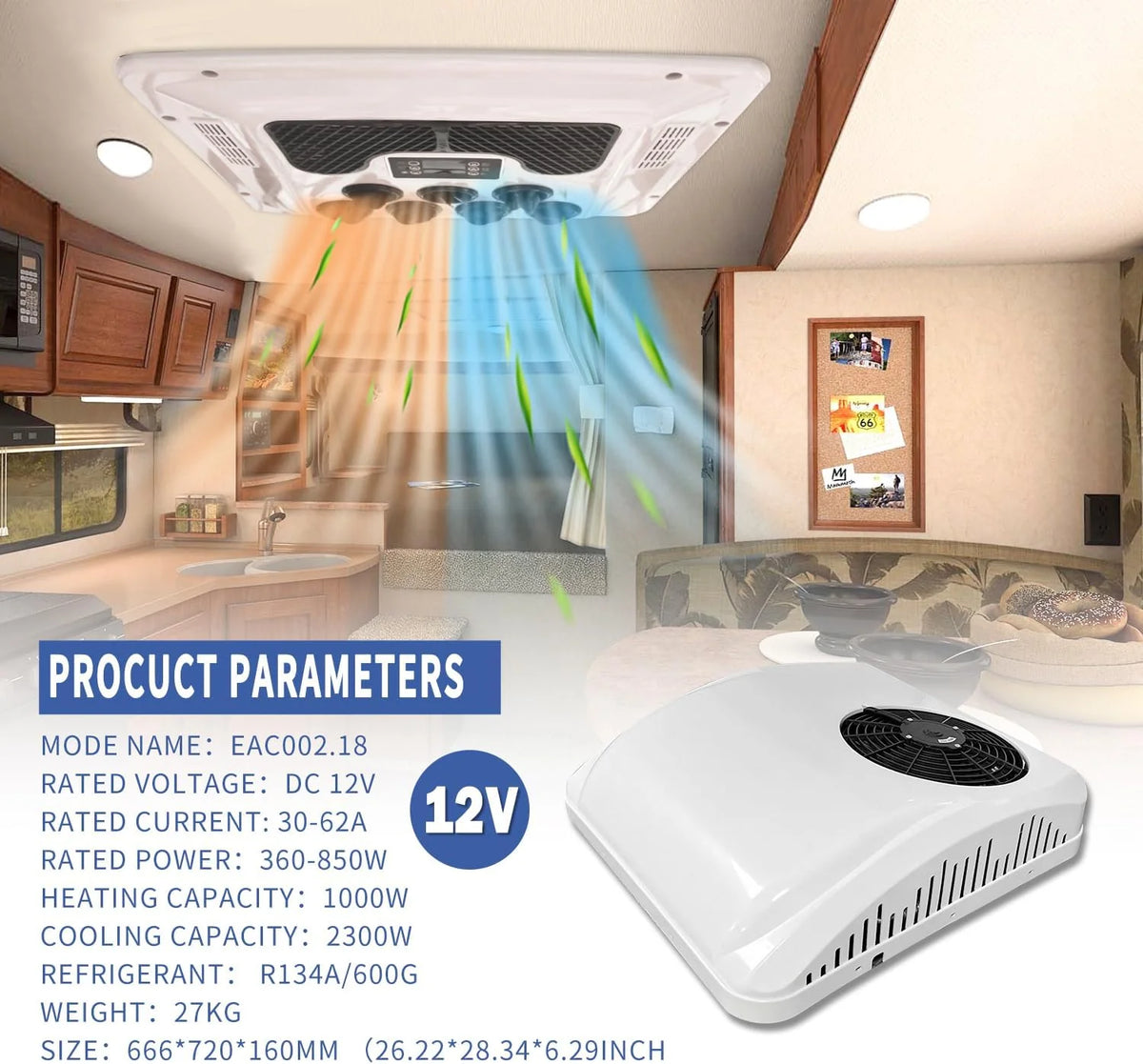 Ar Condicionado RV 8800BTU CC 12V para Caminhões e Motorhomes