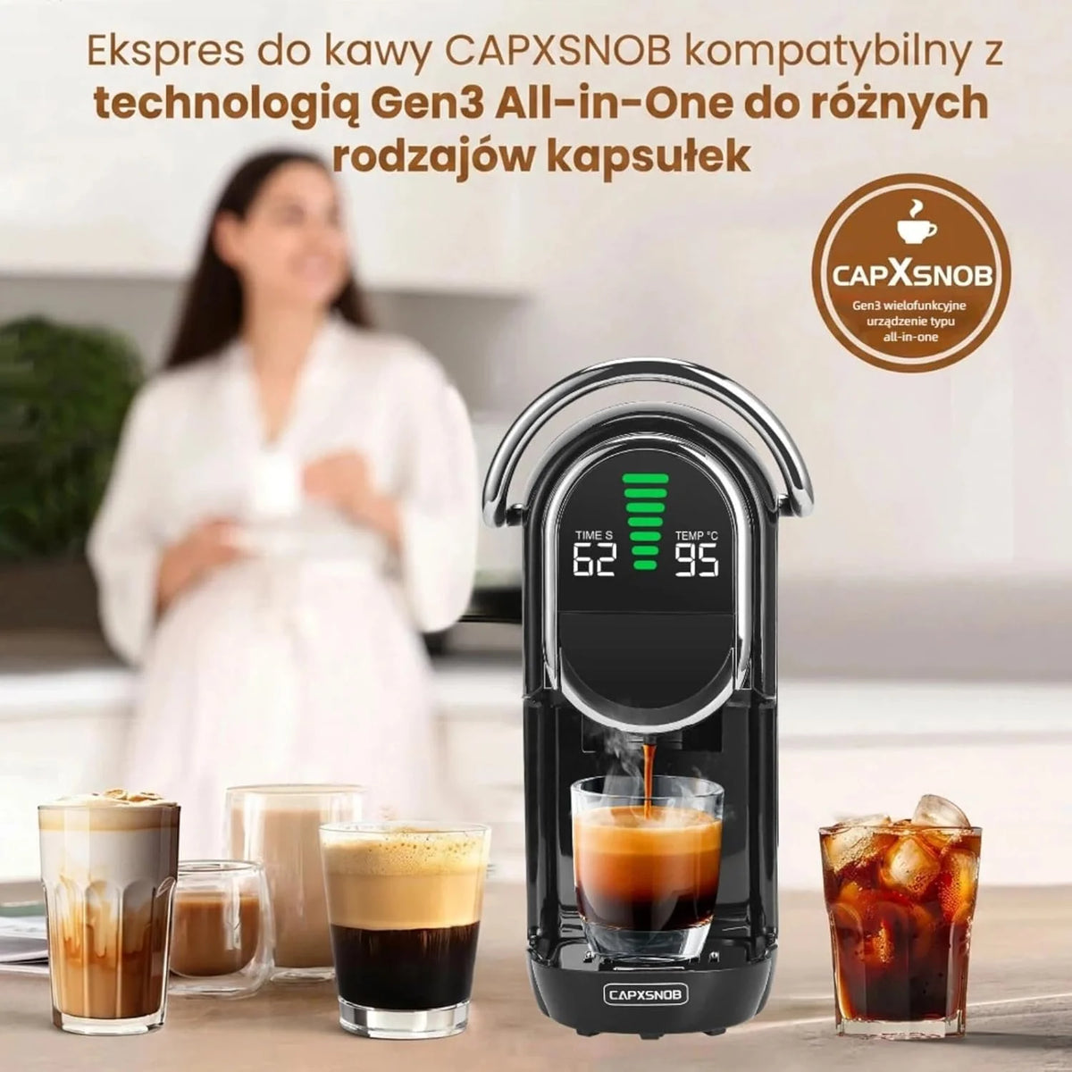 Máquina de Café Multicápsula 5 em 1 Mini Magician1, para Nespresso, Dolce Gusto, Lavazza A Modo Mio, Saquetas ESE 44mm e Café Moído, Bomba Italiana de 20 Bares, 1450W, Display LED, para Casa e Escritório
