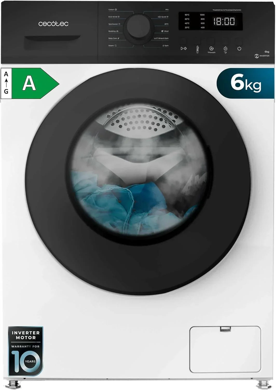 Máquina de Lavar Roupa Cecotec 7 kg de Carga Frontal Bolero Dresscode 7150 Inverter A. 1400 rpm, 12 Programas, Baixo Consumo, Motor Inverter Plus, Steammax, Drum Clean, Início Diferido e Bloqueio para Crianças
