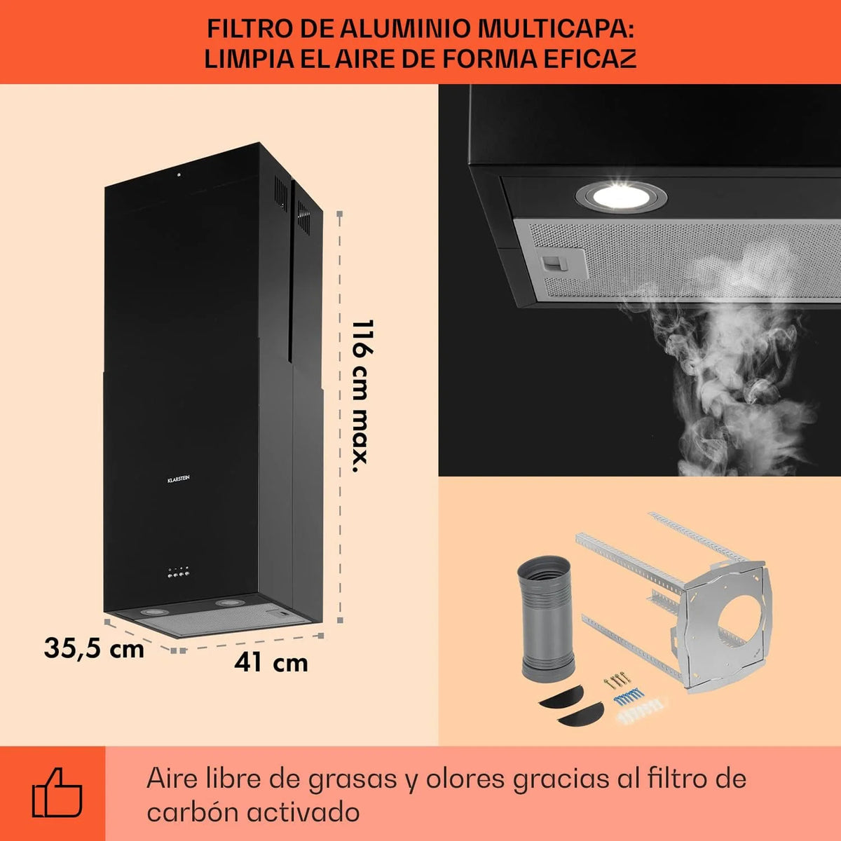 Klarstein Campana Ilha Cozinha, Exaustor de Ilha, Depurador de Teto Fluxo de Ar 641m³/h, Temporizador, Exaustor de Ilha Regulável, Fumaça 3 Modos e Filtros de Carvão Ativado