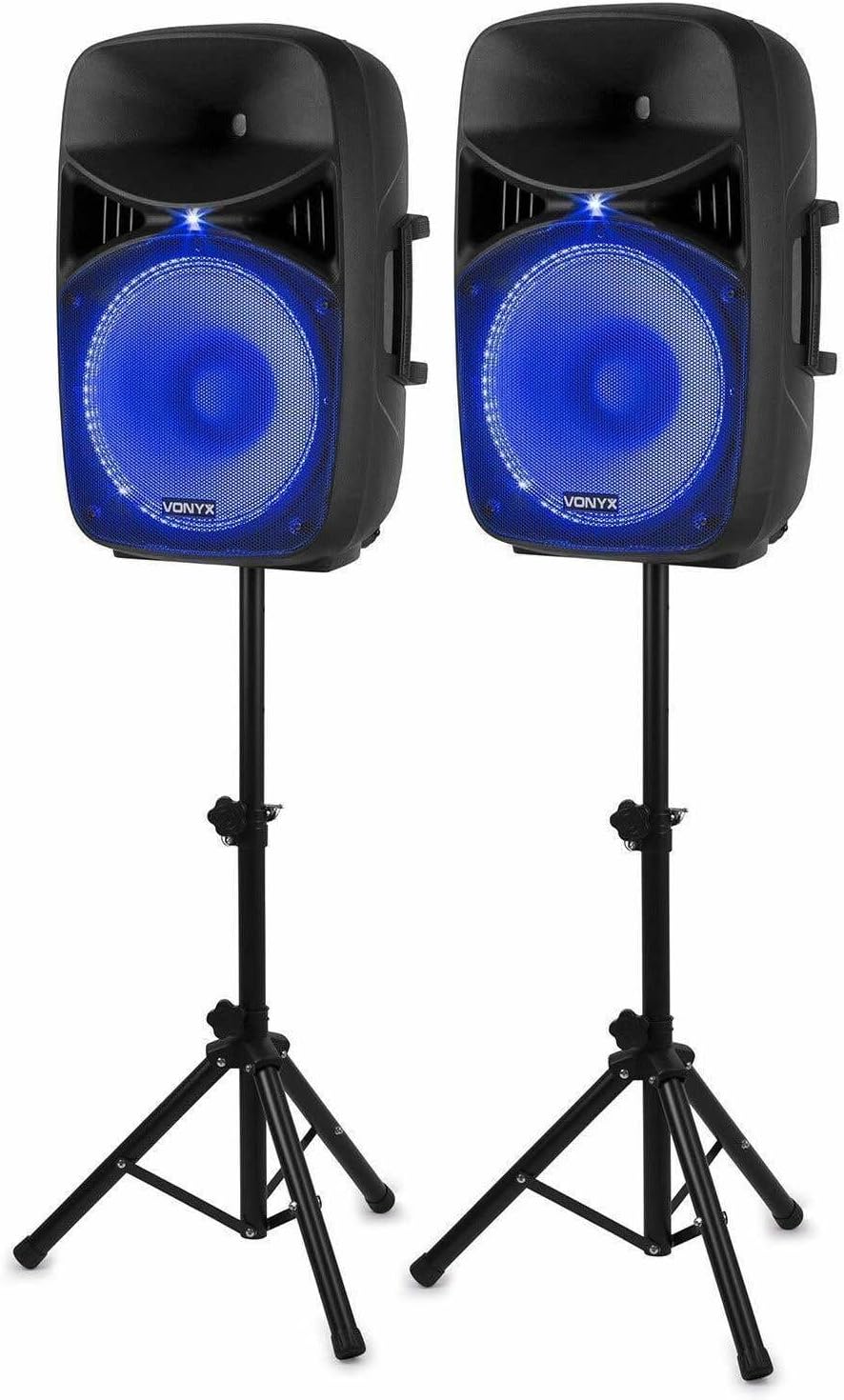 Caixas de Som Ativas Vonyx VPS152A Pacote com 2, 1000W, Portáteis, Ativas/Passivas com Bluetooth, 15 Polegadas, Microfone com Fio, Controle Remoto, Tripés, MP3 Player com USB/SD, LEDs