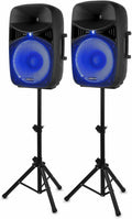 Caixas de Som Ativas Vonyx VPS152A Pacote com 2, 1000W, Portáteis, Ativas/Passivas com Bluetooth, 15 Polegadas, Microfone com Fio, Controle Remoto, Tripés, MP3 Player com USB/SD, LEDs